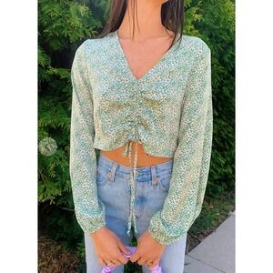 By Together‎ Blouse Top Women Sz M Green Floral Long Sleeve Ditsy Girly